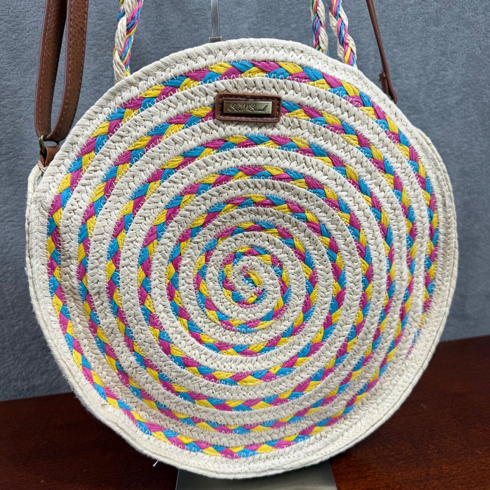 Sun N Sand Jute Straw Circle Crossbody Bag Braided Handles Summer‎ Purse
